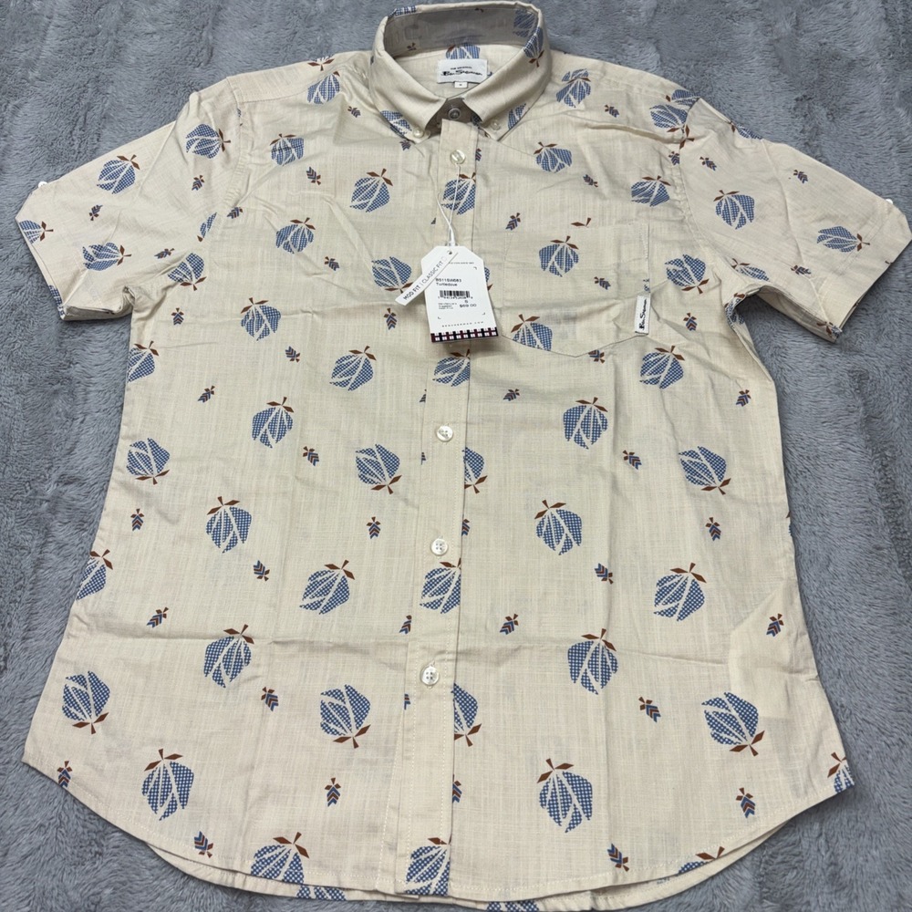 Ben Sherman Mens S Turtledove Button‎ Down Shirt Floral Classic Fit Short Sleeve